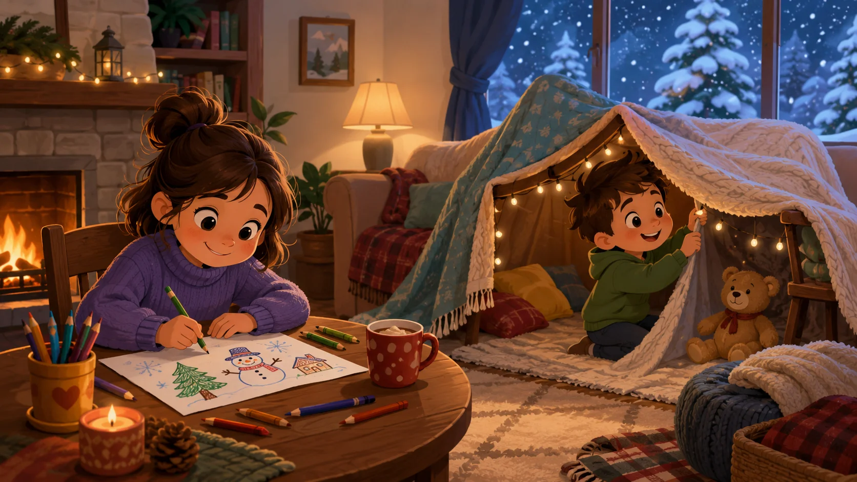 Screen free winter activities for kids at home with drawing and blanket fort. 
