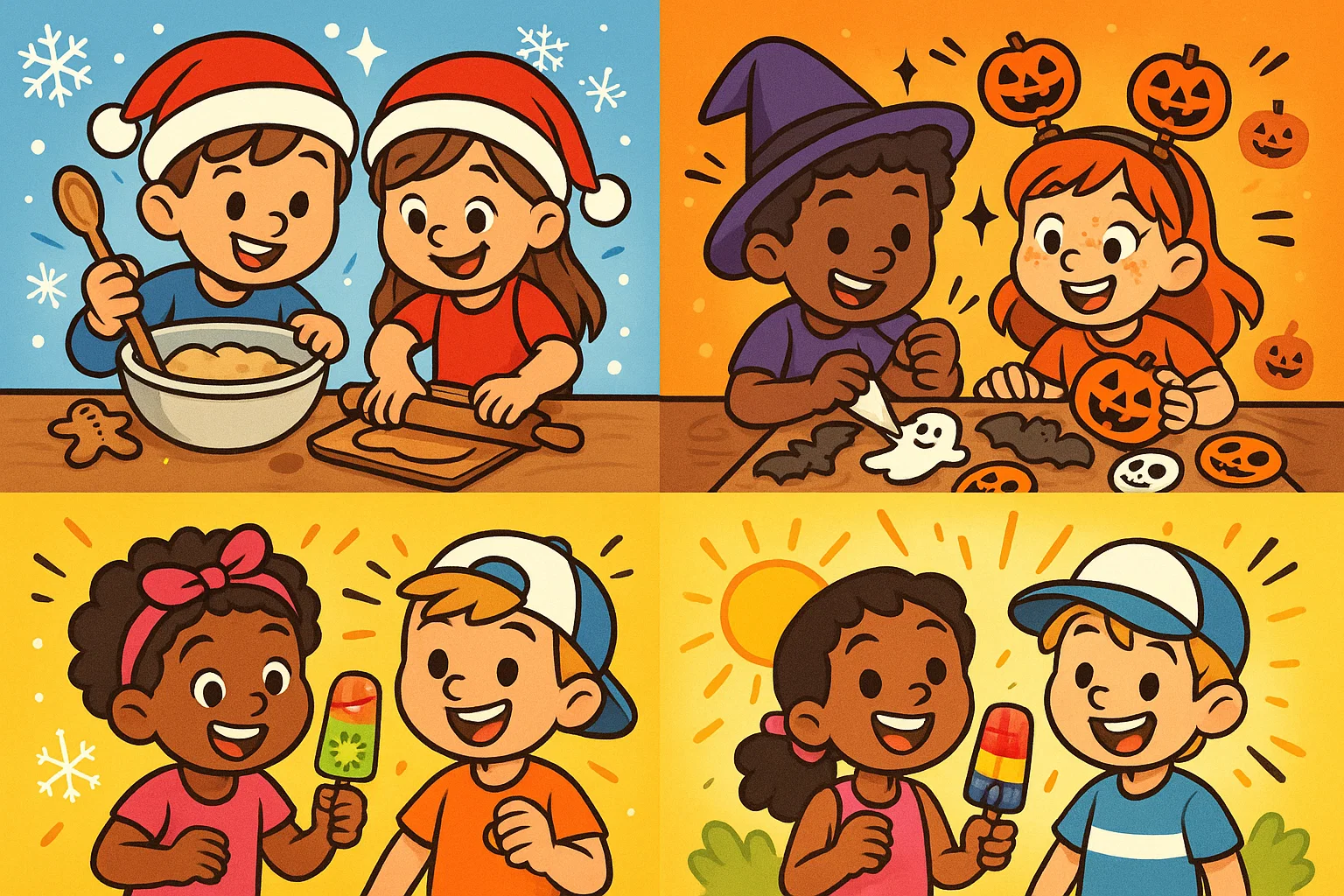 Preschoolers making seasonal and holiday cooking activities with festive foods.