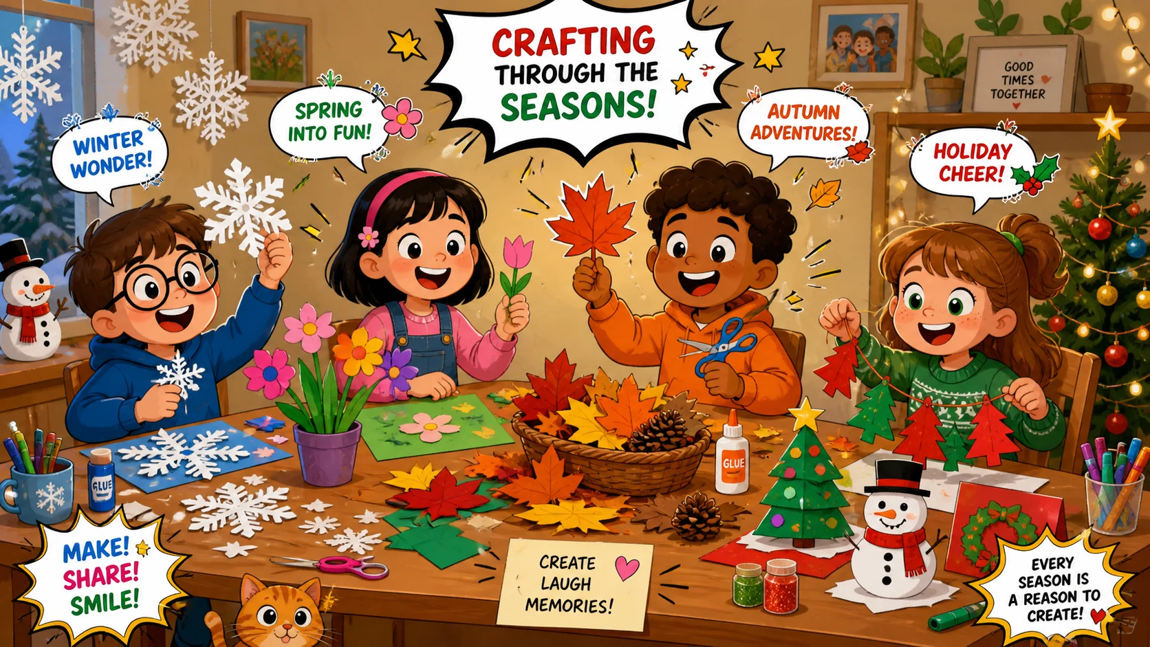 Seasonal crafts for kids at home with snowflakes, flowers, and autumn leaves. 