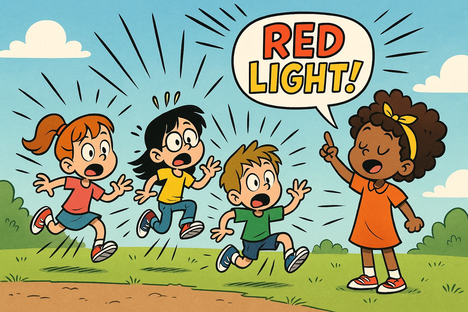 Cartoon kids practicing self control with fun activities and impulse control games.