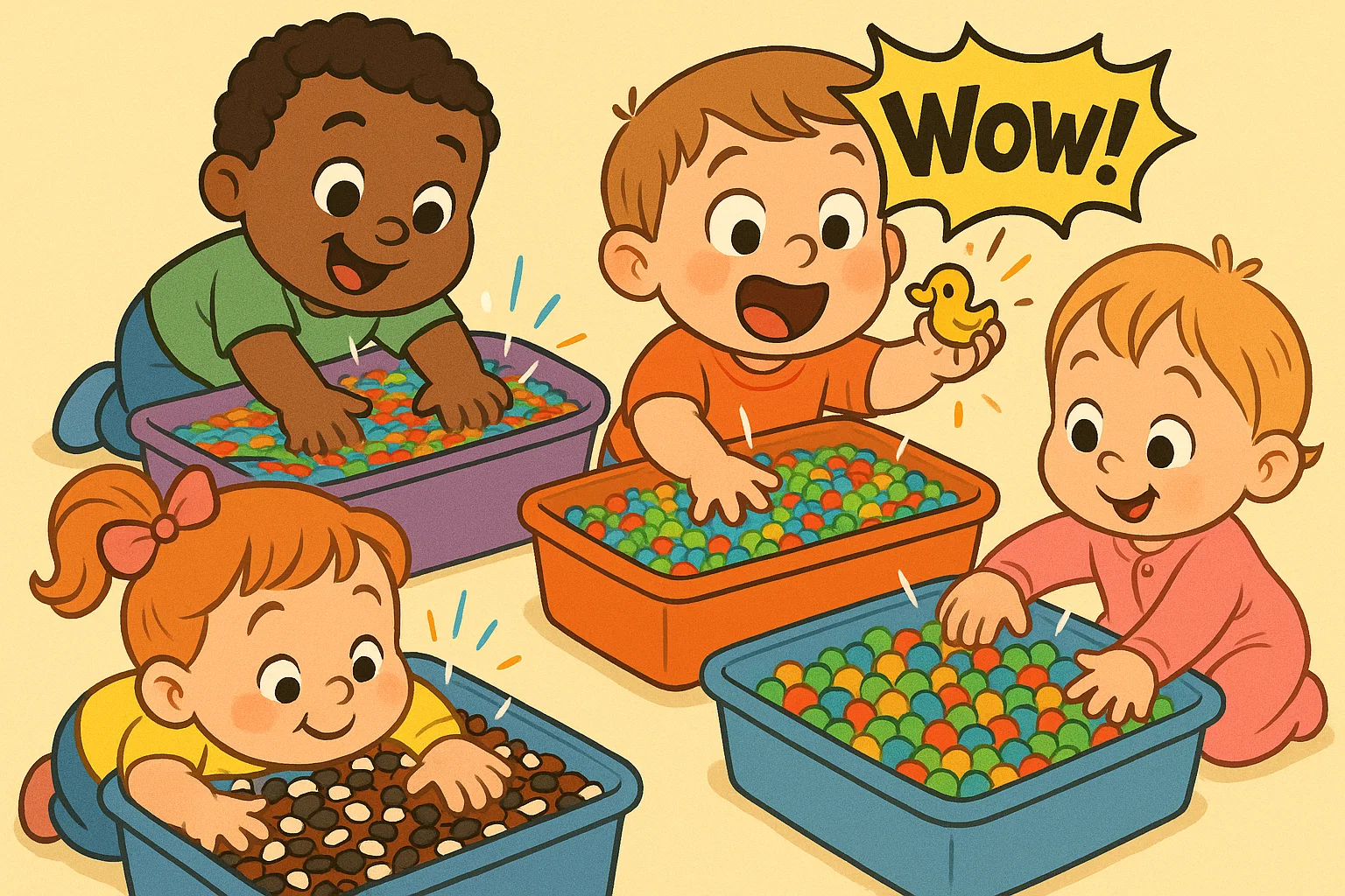 Toddlers playing with sensory bins filled with colorful materials. Toddlers playing with sensory bins filled with colorful materials.