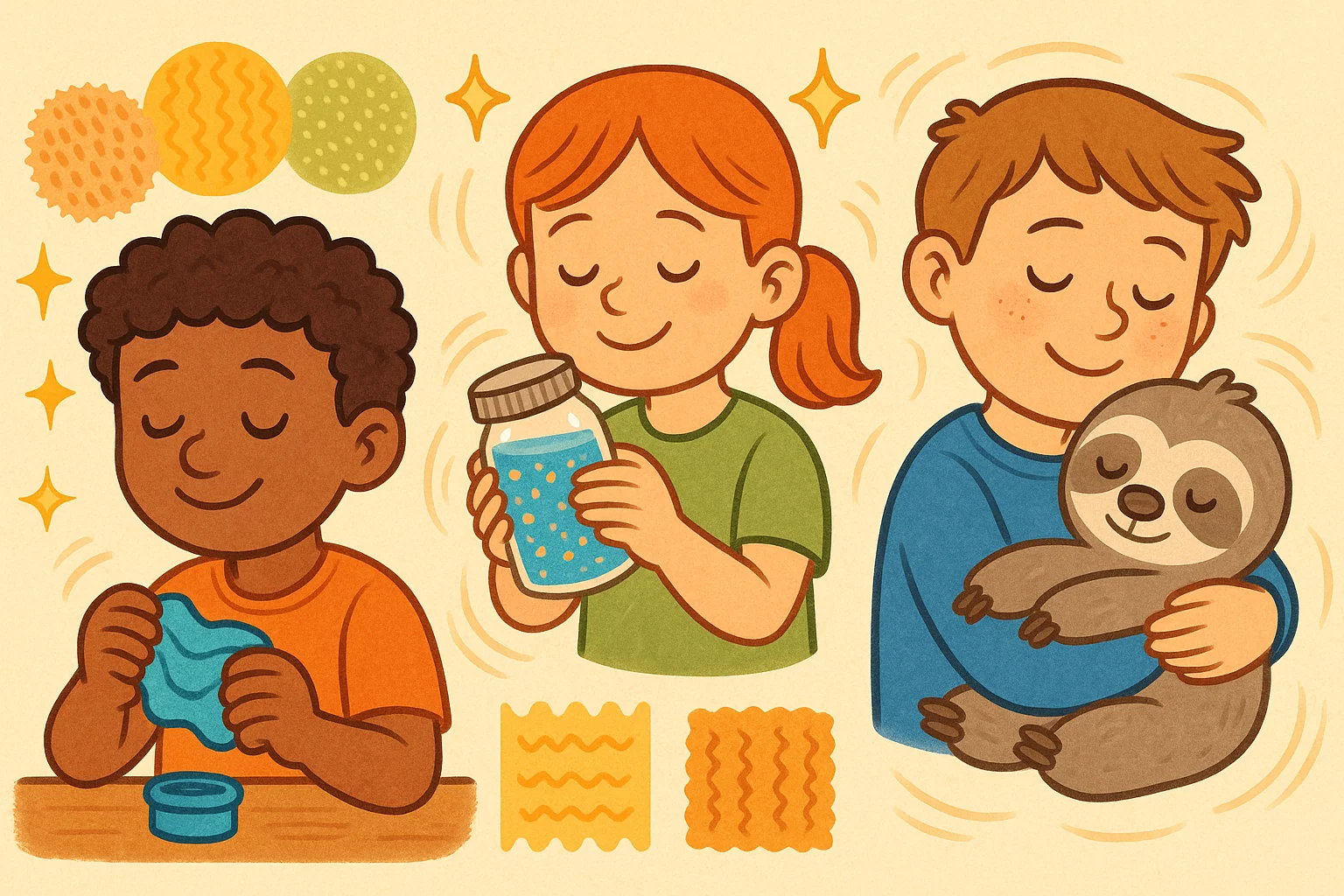 Sensory calming activities for kids with play doh, glitter jar, and weighted stuffed animal.
