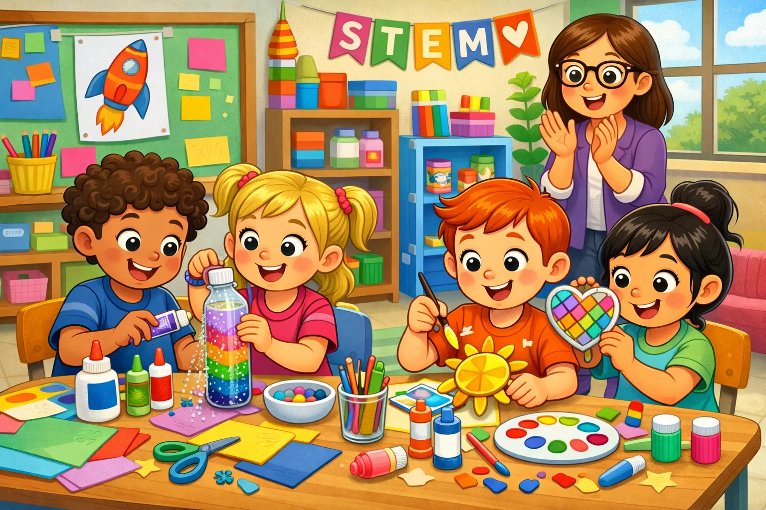 Sensory and creative STEM DIY activities for elementary students, with fun projects like sensory bottles and sun catchers.
