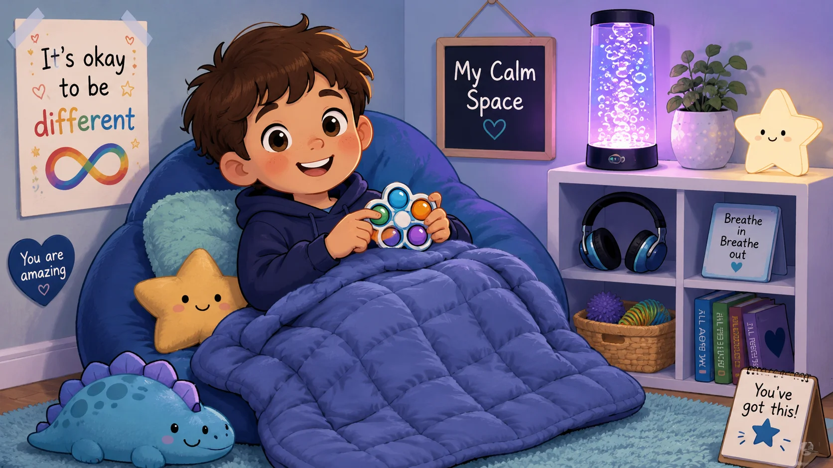Sensory gifts for kids with autism in cozy calming corner.