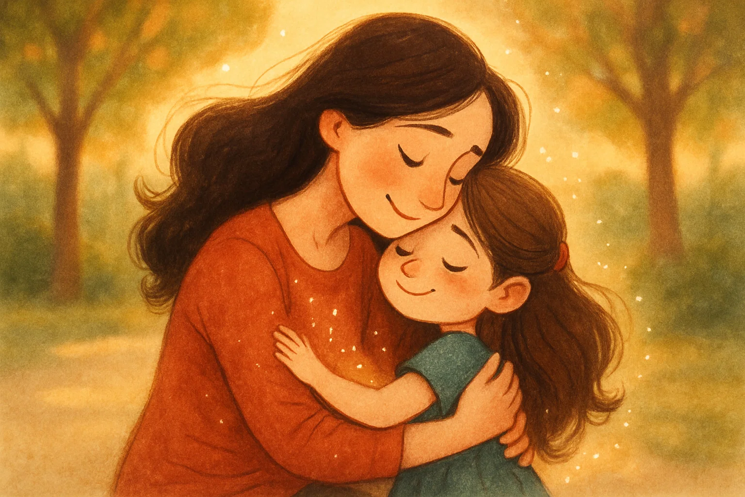 A cartoon illustration of a mother and daughter hugging, with a magical aura around them, symbolizing a sentimental and loving bond.
