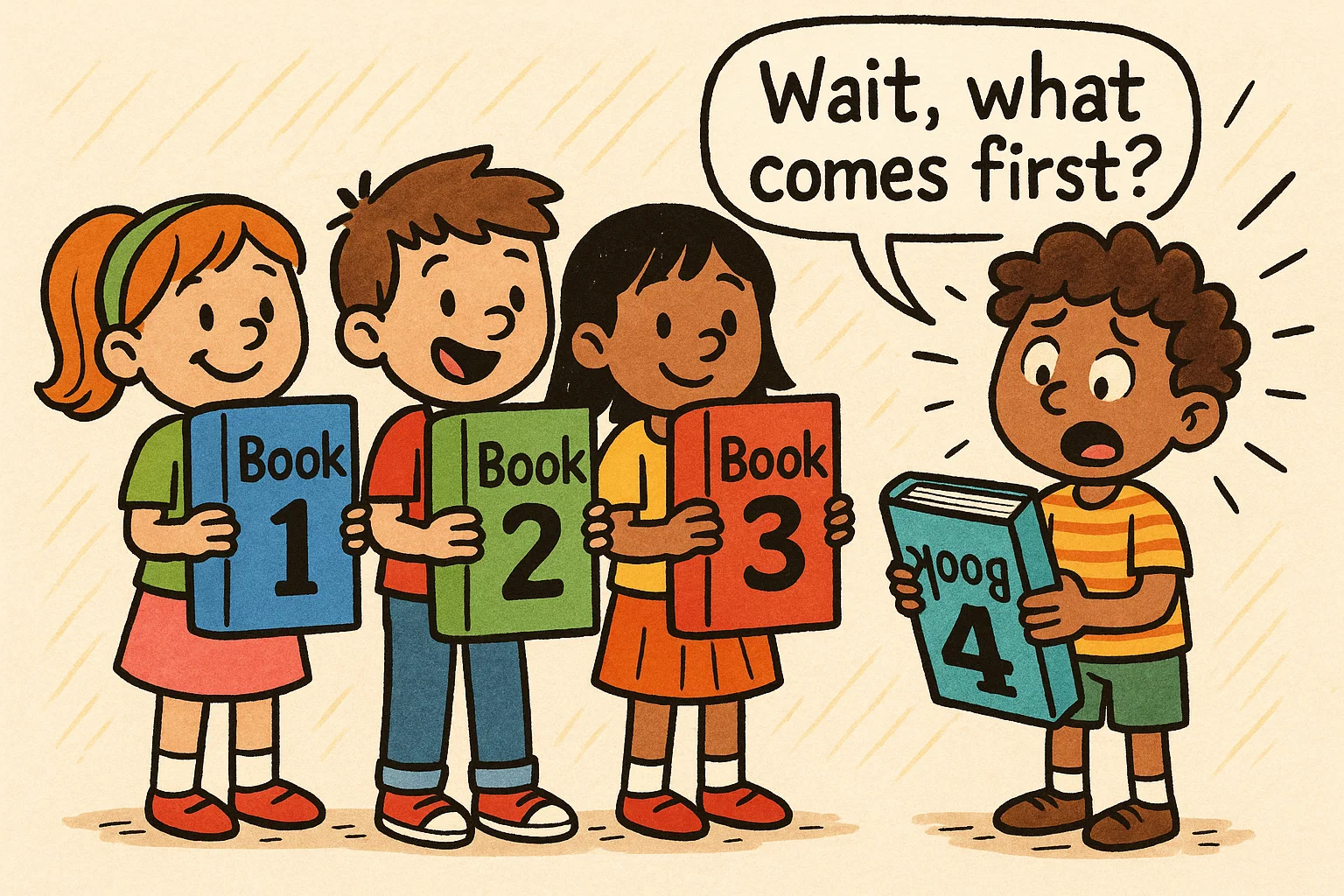 Cartoon children arranging series of classic childhood books in correct reading order. Cartoon children arranging series of classic childhood books in correct reading order.