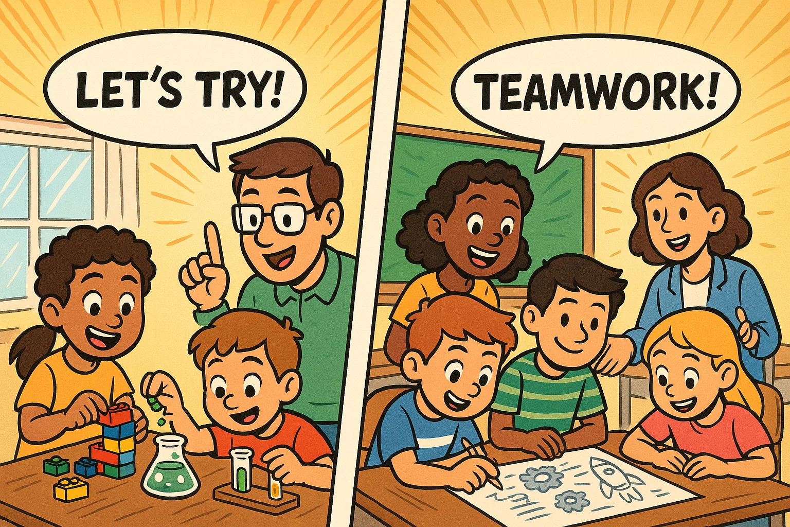 Cartoon of children setting up STEM activities in classroom and home environment.
