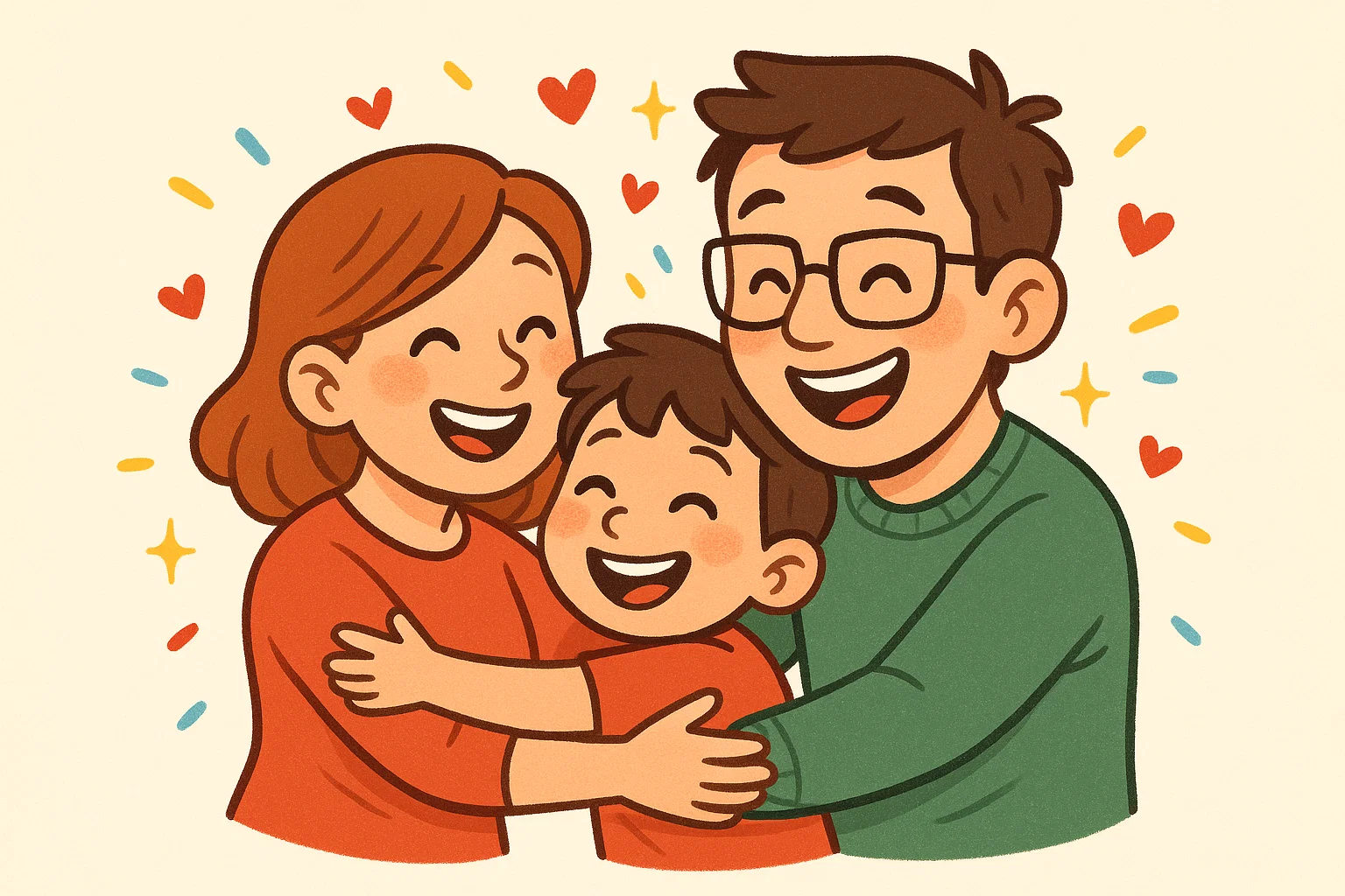 A cartoon of a son hugging his smiling parents with confetti and hearts around them.