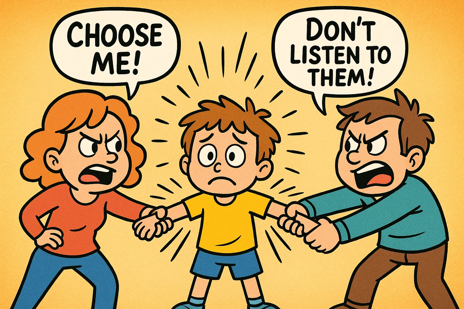 Cartoon showing signs of parental alienation with child between parents in conflict.