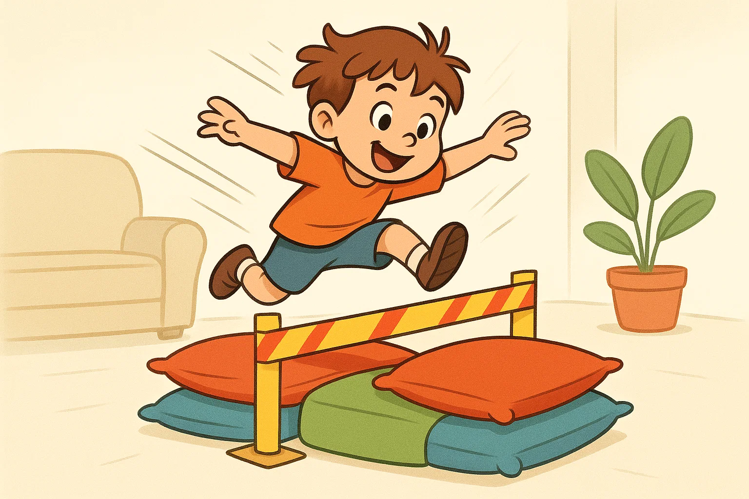 A child happily jumping over an indoor obstacle course made of pillows.