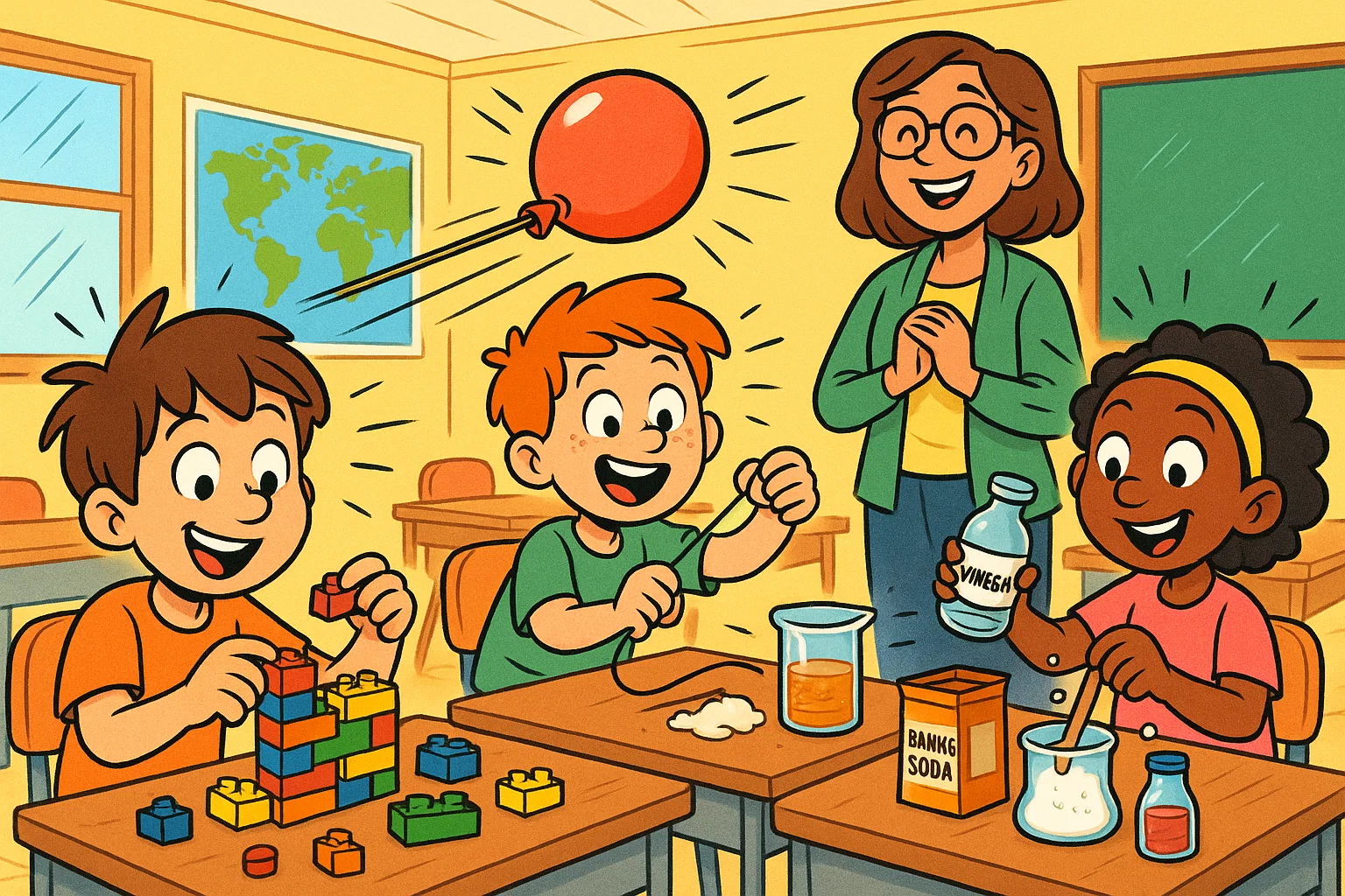 Cartoon kids in classroom exploring simple STEM activities with teacher smiling. Cartoon kids in classroom exploring simple STEM activities with teacher smiling.