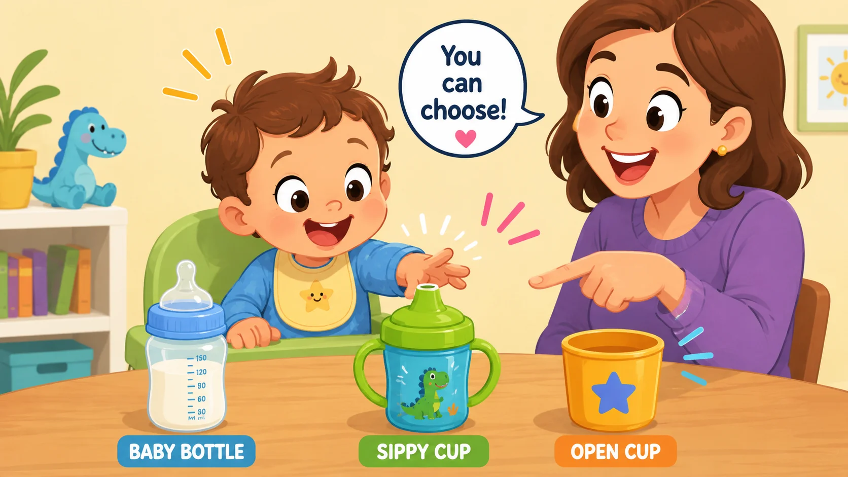 Sippy cup transition from baby bottle to open cup with toddler and parent. 