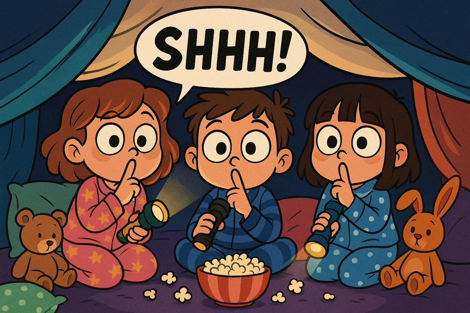 Children having birthday sleepover with blankets and flashlights. Children having birthday sleepover with blankets and flashlights.