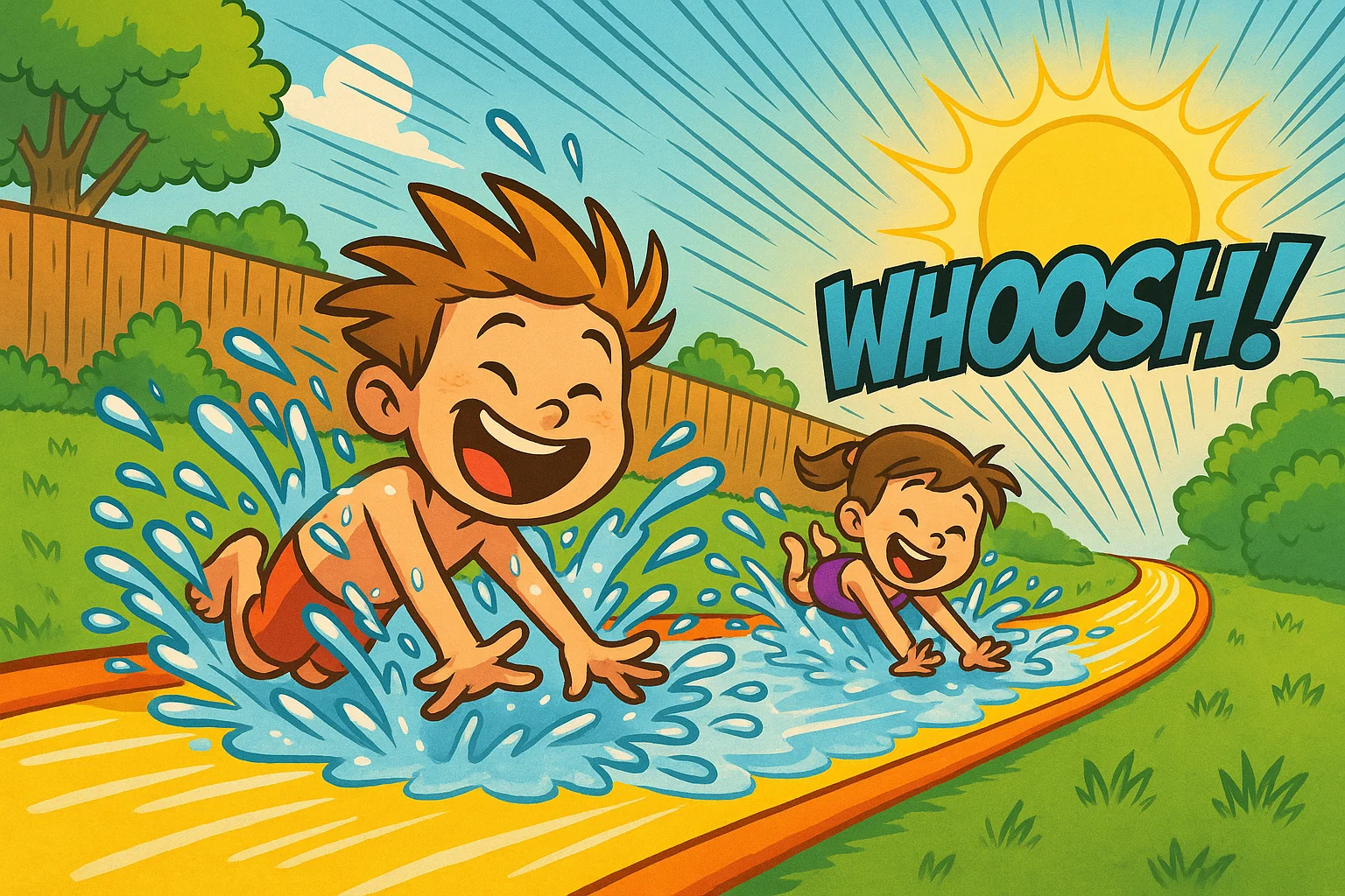 Kids playing Slip n’ Slide water game at outdoor birthday party. Kids playing Slip n’ Slide water game at outdoor birthday party.