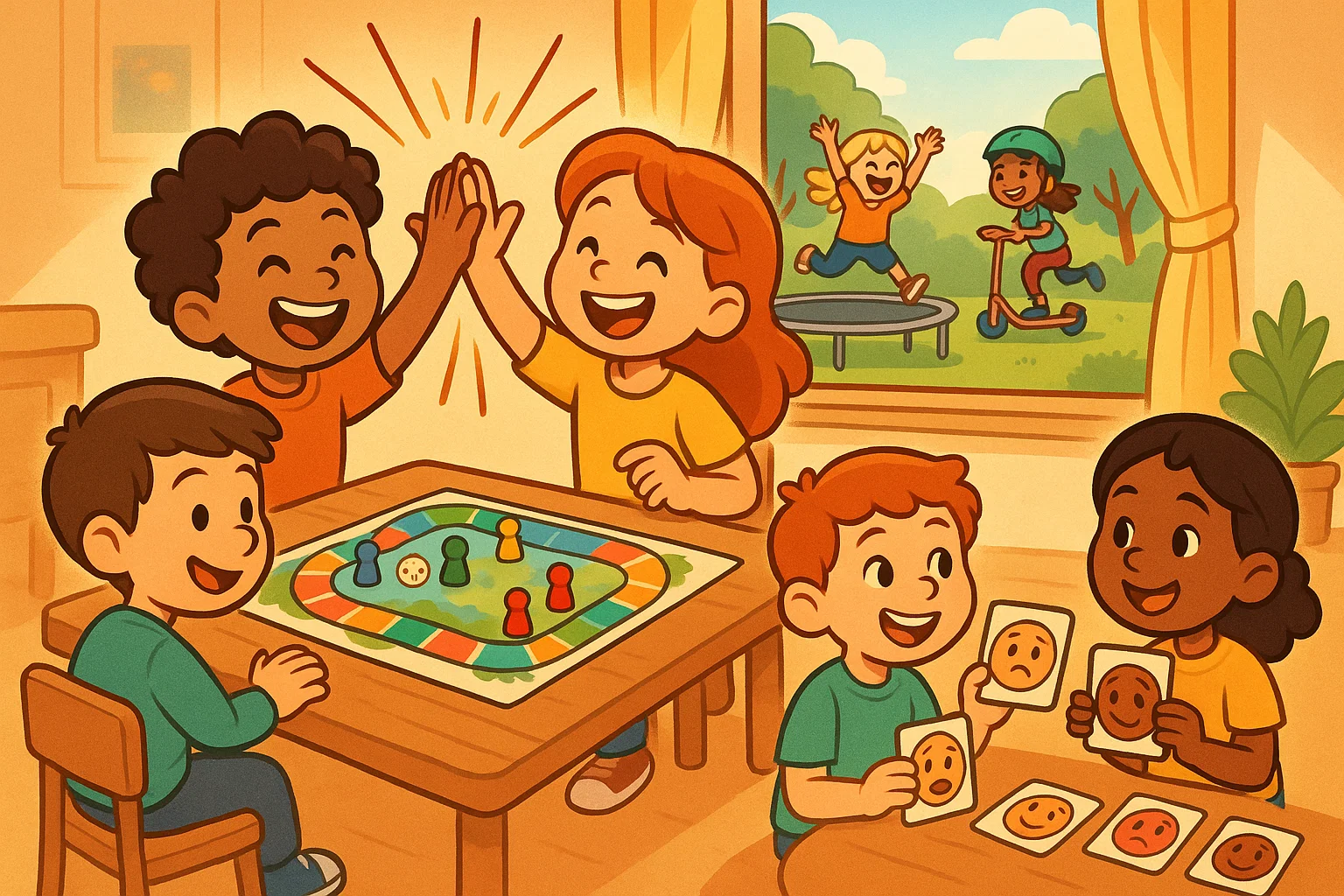 Autistic kids playing board games, using flashcards, and enjoying outdoor play.