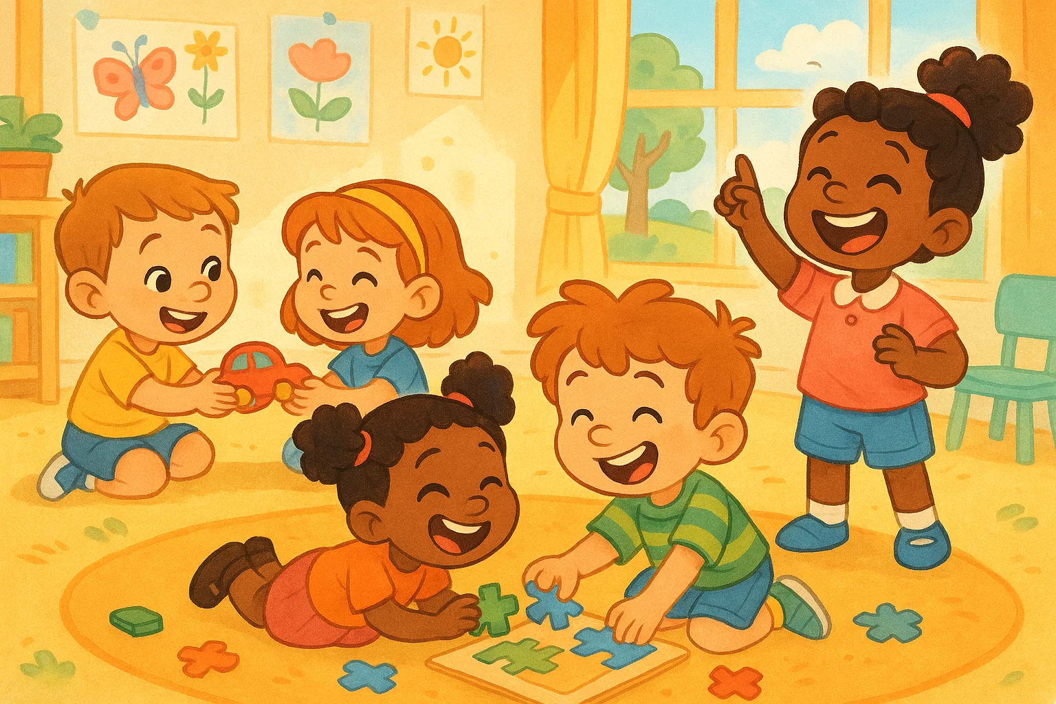 Cartoon of preschoolers sharing toys and playing games to develop social skills in a happy and colorful setting. Cartoon of preschoolers sharing toys and playing games to develop social skills in a happy and colorful setting.