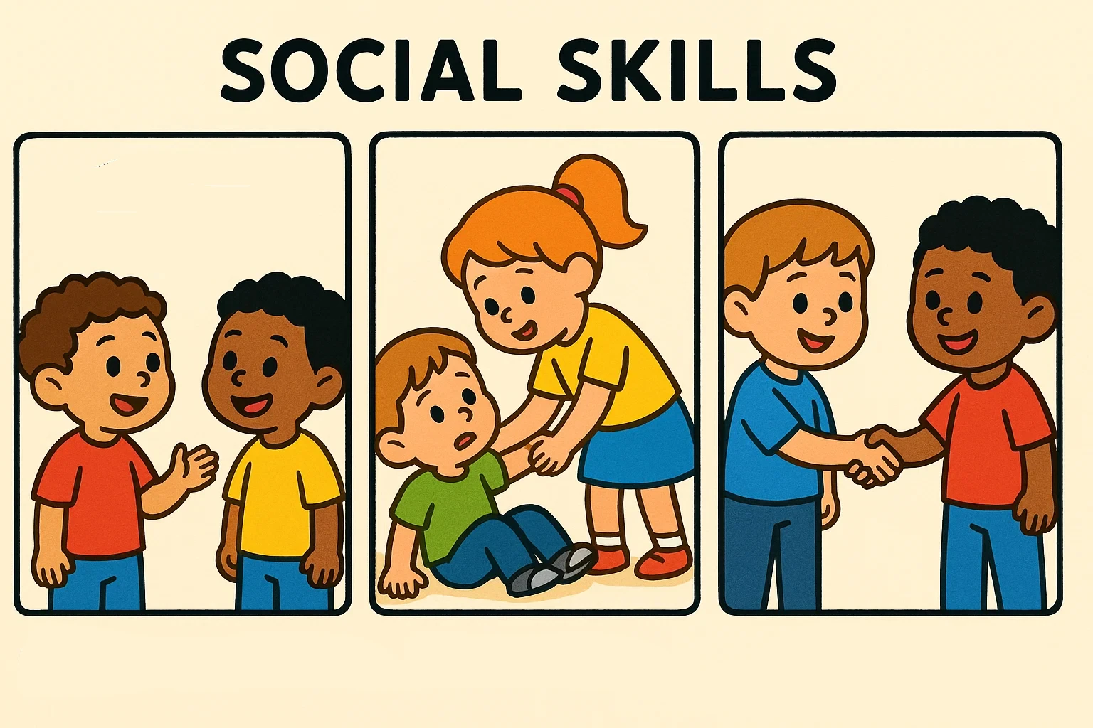Educational cartoon showing preschoolers developing key social skills like communication, cooperation, and problem-solving. Educational cartoon showing preschoolers developing key social skills like communication, cooperation, and problem-solving.