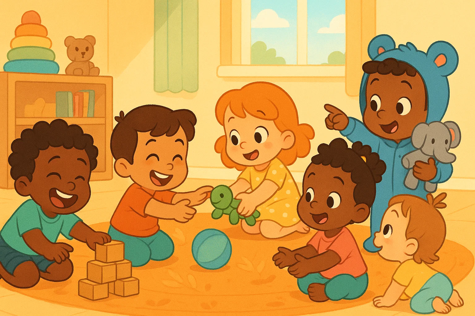 A cartoon showing happy toddlers playing together, sharing toys, and taking turns to develop social skills. A cartoon showing happy toddlers playing together, sharing toys, and taking turns to develop social skills.