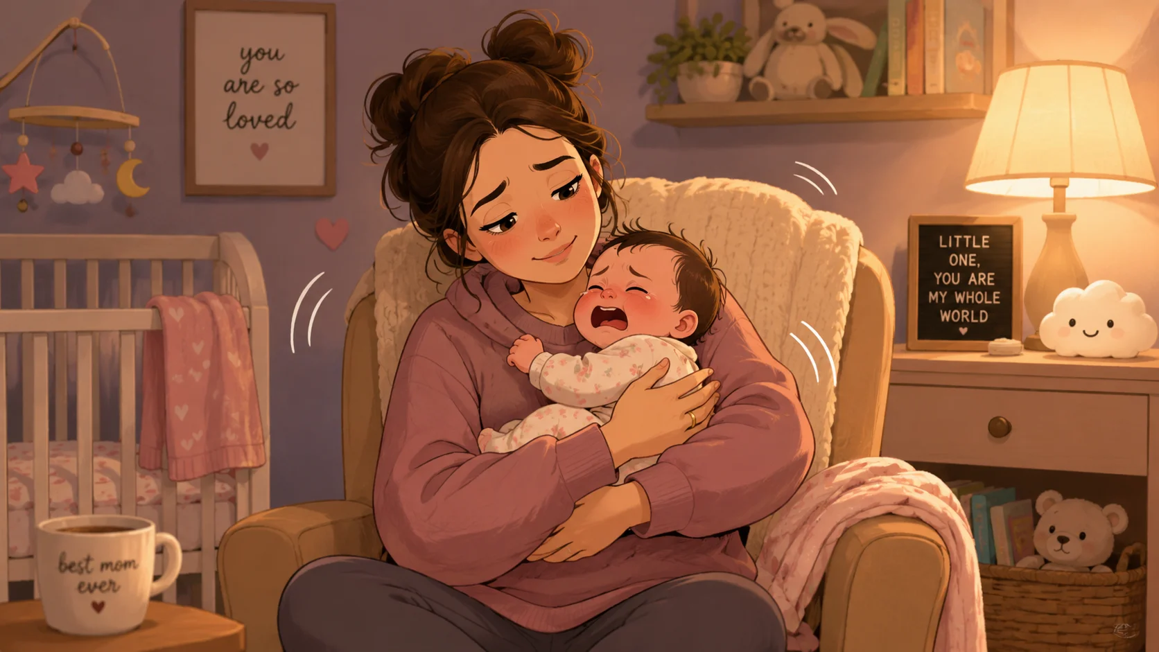 Soothing crying baby with first time mom in cozy nursery.