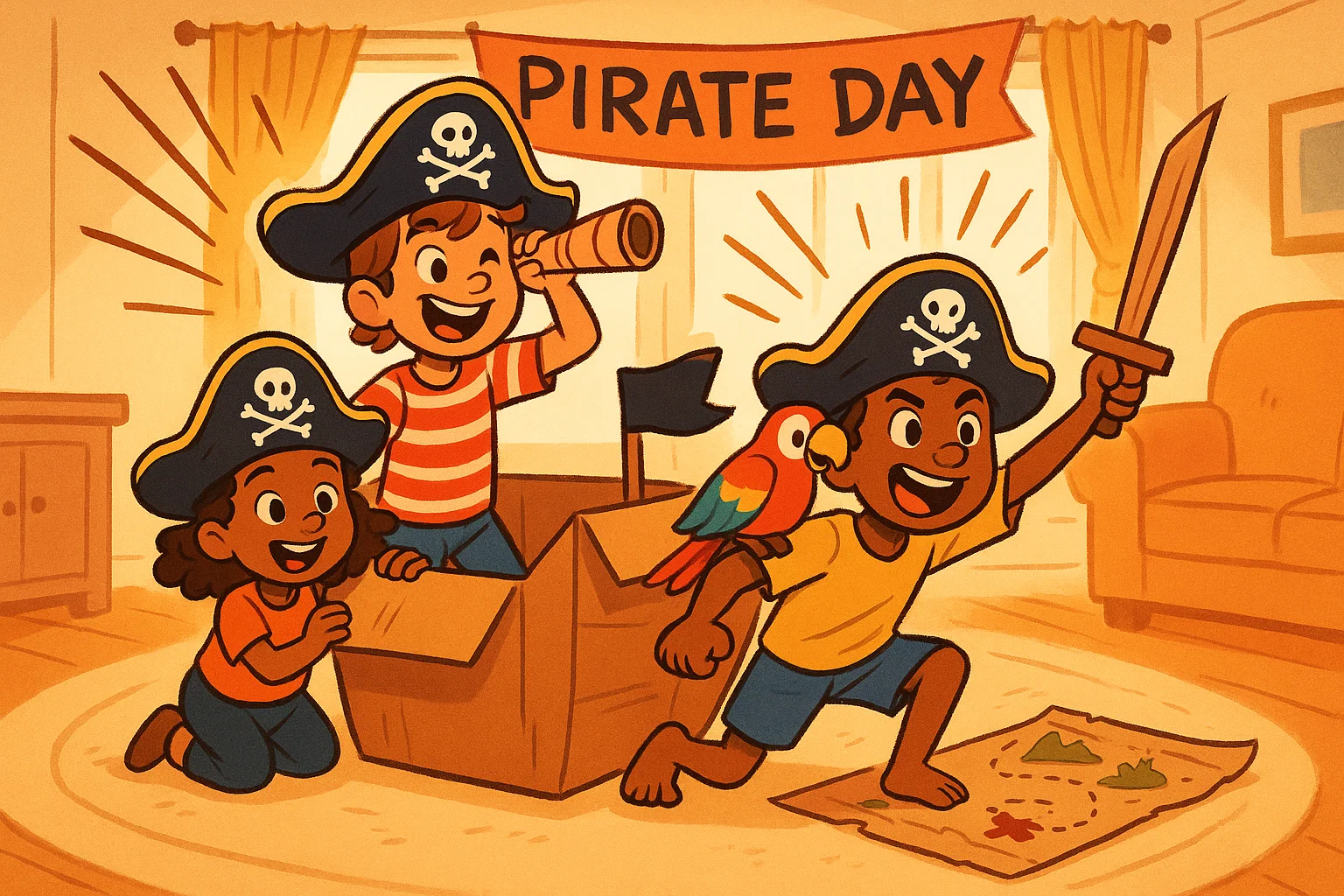 Children dressed as pirates playing adventure at home