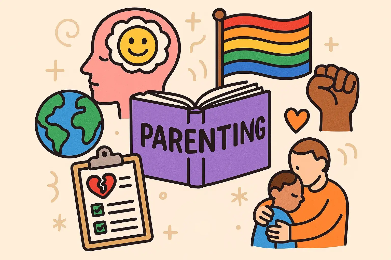 Cartoon icons representing unique parenting needs: mental health, identity, culture.