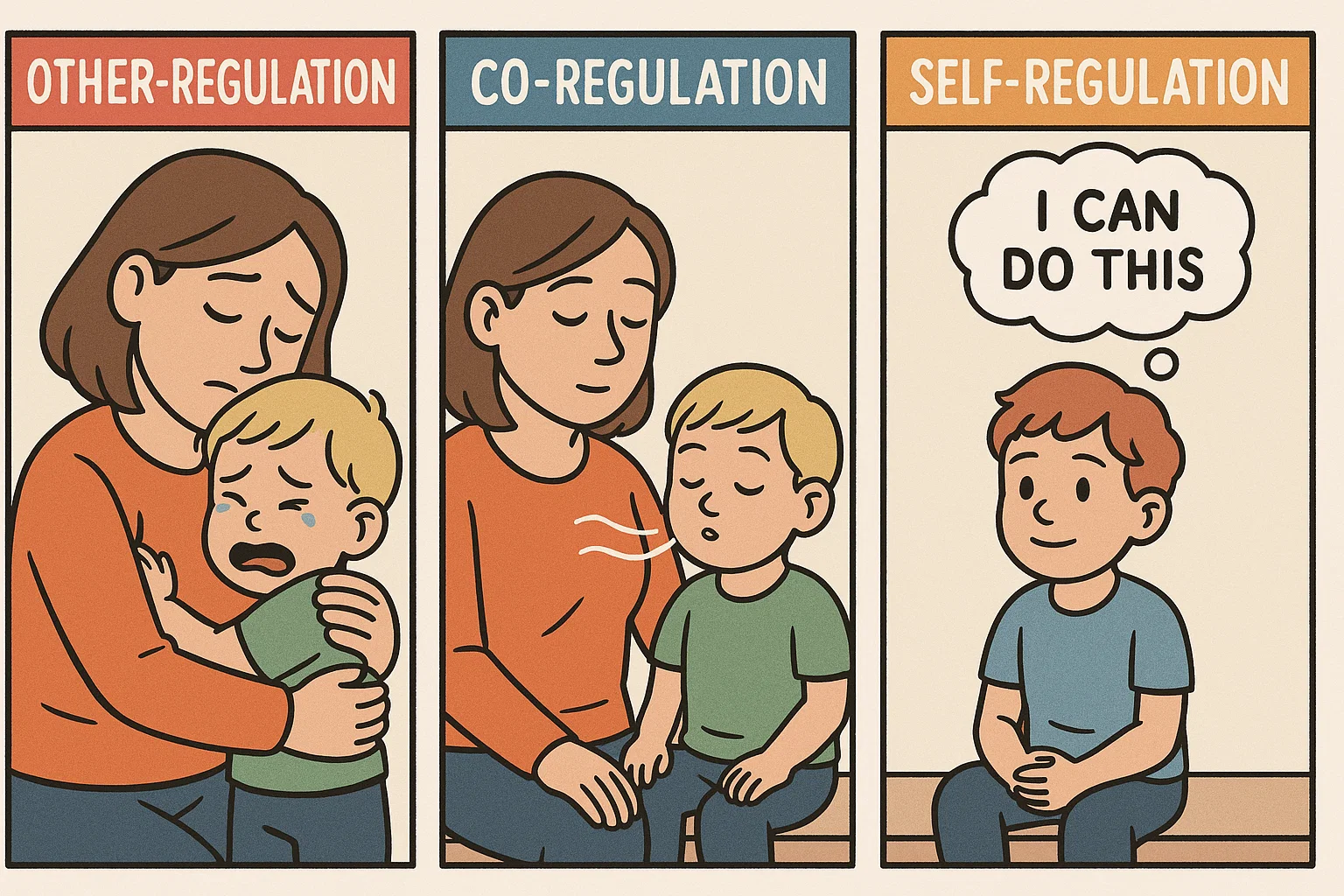 Cartoon panels showing stages of emotional regulation development in kids. Cartoon panels showing stages of emotional regulation development in kids.
