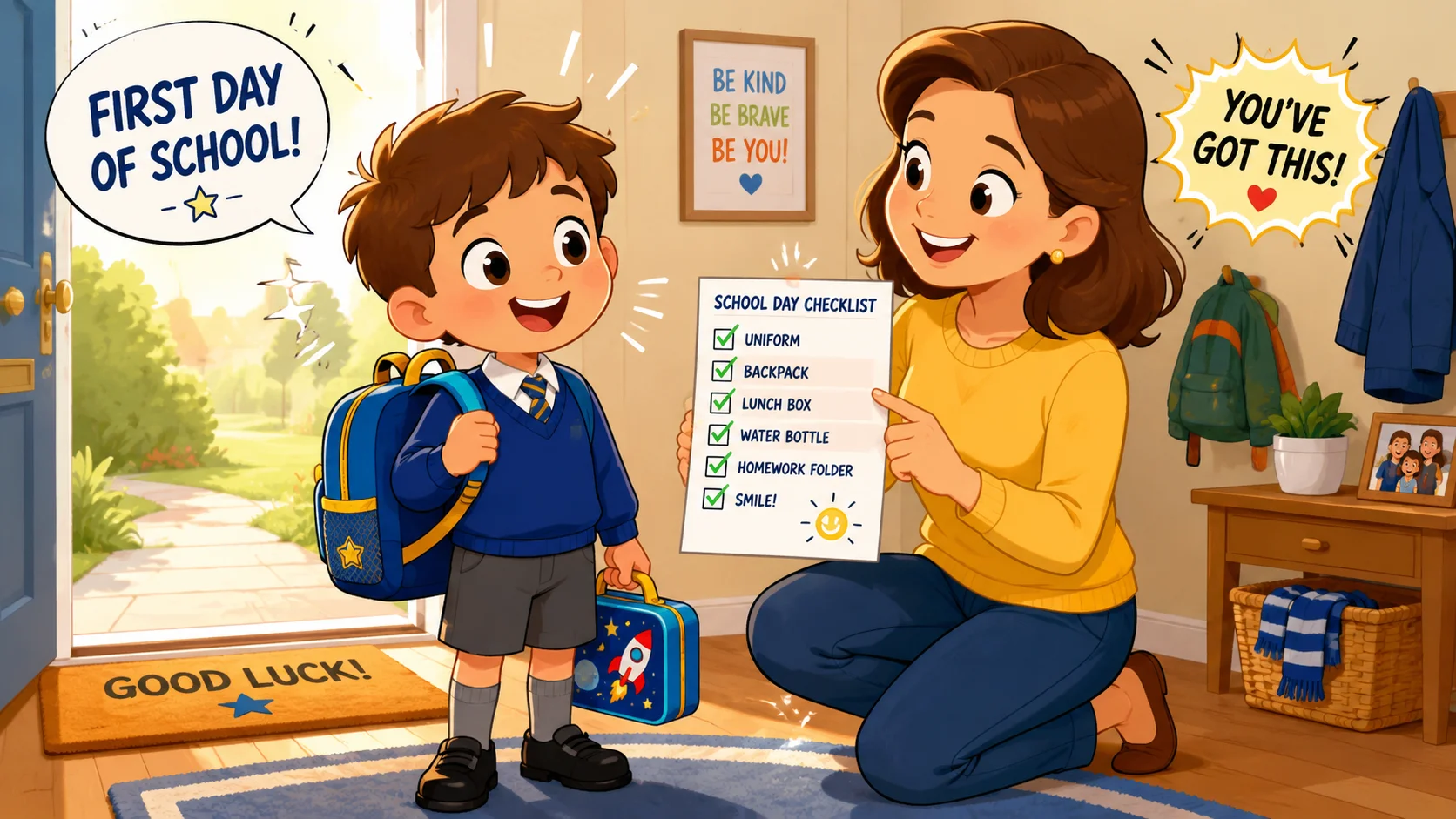 Starting primary school checklist for parents with child, backpack, and lunch box.