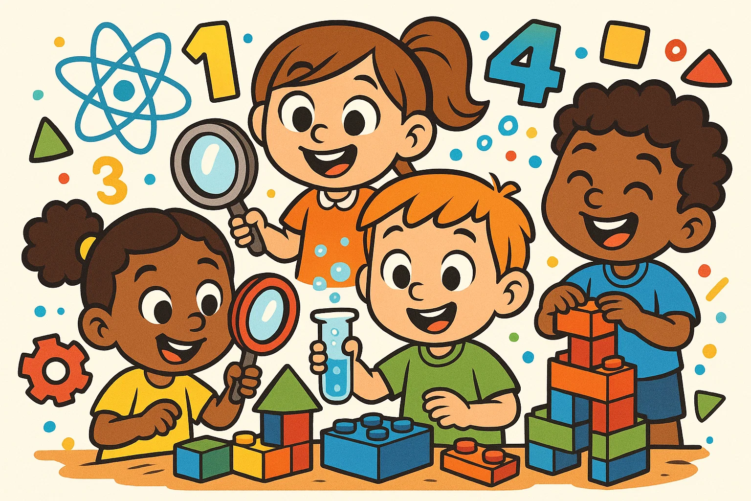 Preschool children doing stem activities with blocks and science tools in a fun learning setup. Preschool children doing stem activities with blocks and science tools in a fun learning setup.