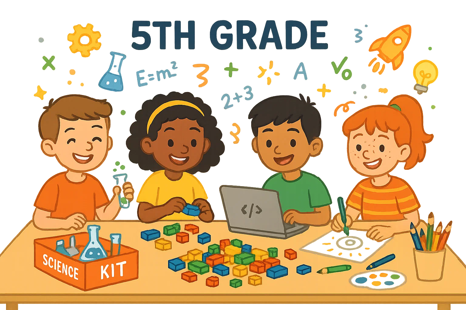 Kids doing STEM activities for 5th grade with experiments, coding, and building projects. Kids doing STEM activities for 5th grade with experiments, coding, and building projects.