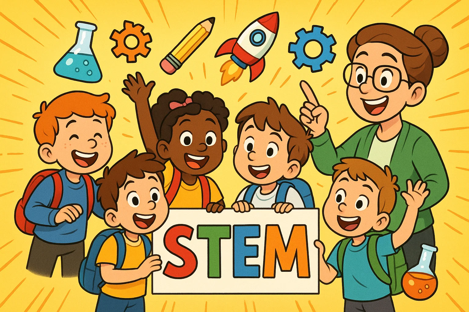 Cartoon of primary school students doing STEM activities with science and engineering tools. Cartoon of primary school students doing STEM activities with science and engineering tools.