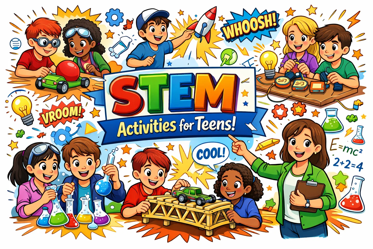 Teens engaging in STEM activities including balloon car, paper rocket, and chemistry experiments.