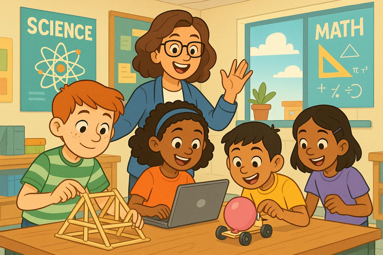 Cartoon of middle school students working on fun STEM activities with teacher. Cartoon of middle school students working on fun STEM activities with teacher.