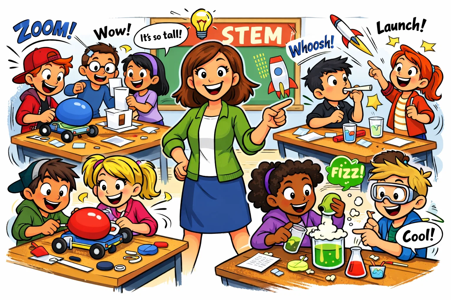 Middle school students doing hands on STEM activities in classroom.