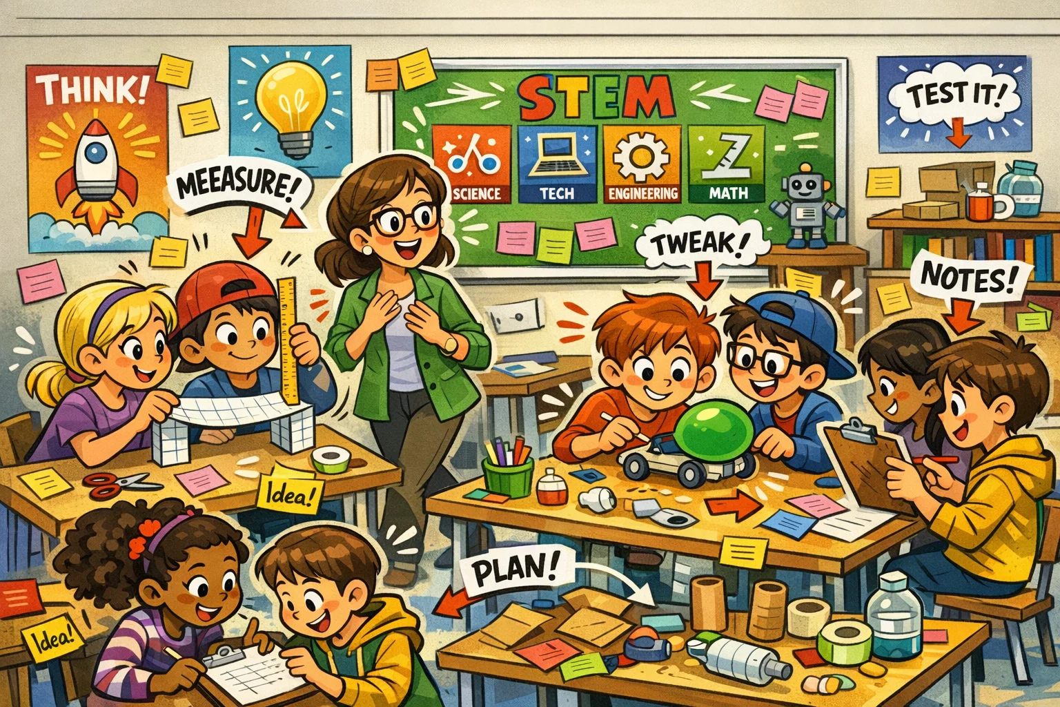 Middle school STEM education with students building, testing, and sharing ideas.
