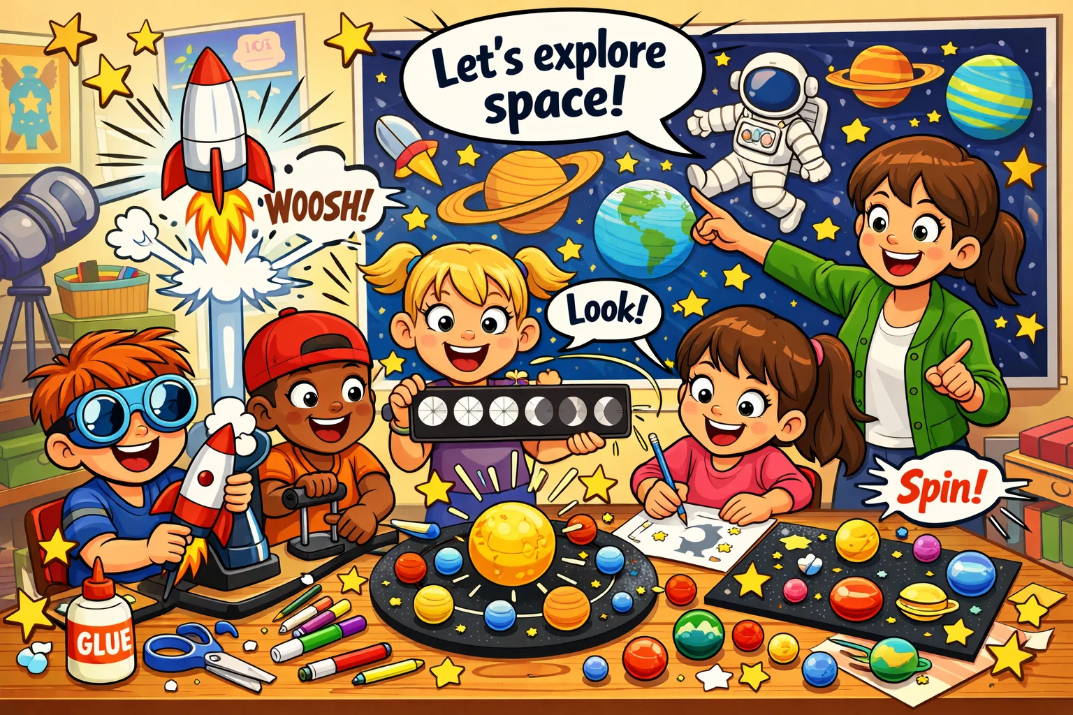 STEM space activities for kids with rockets and planet crafts in classroom.