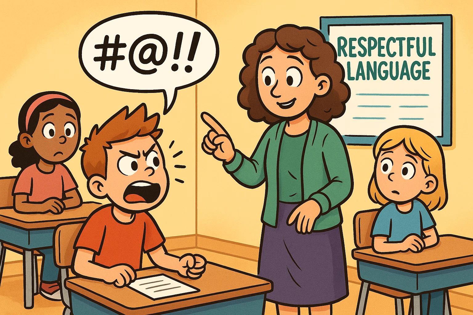 Cartoon teacher showing students how to stop swearing at school with a respect poster. Cartoon teacher showing students how to stop swearing at school with a respect poster.