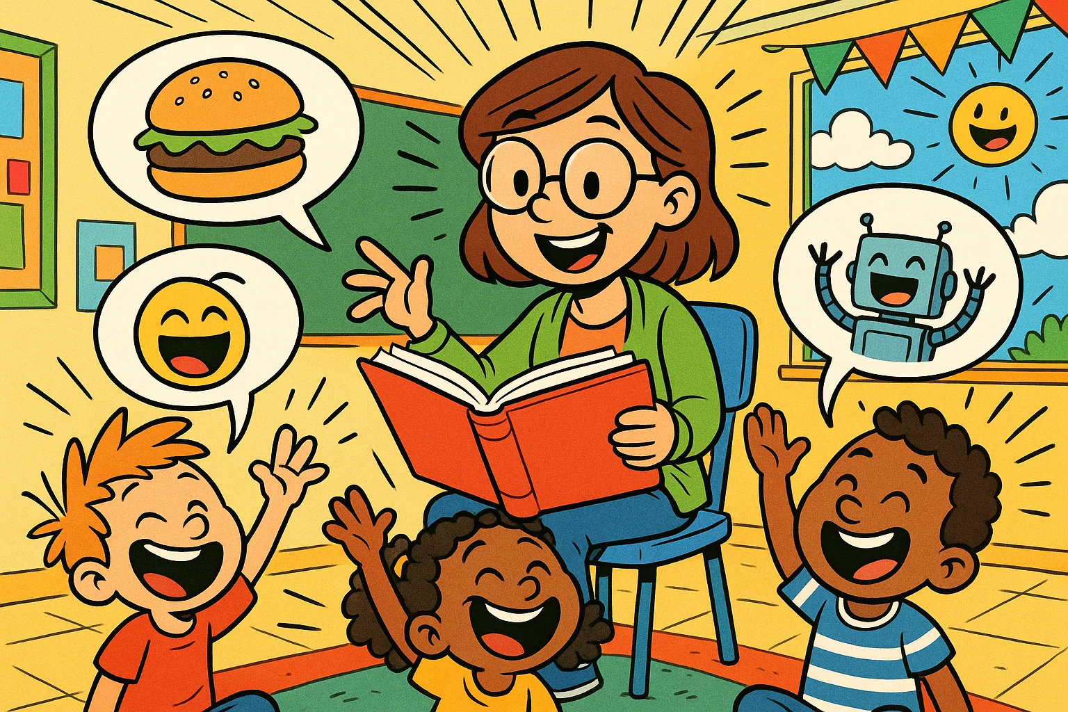 Cartoon teacher and children storytelling with class participation.
