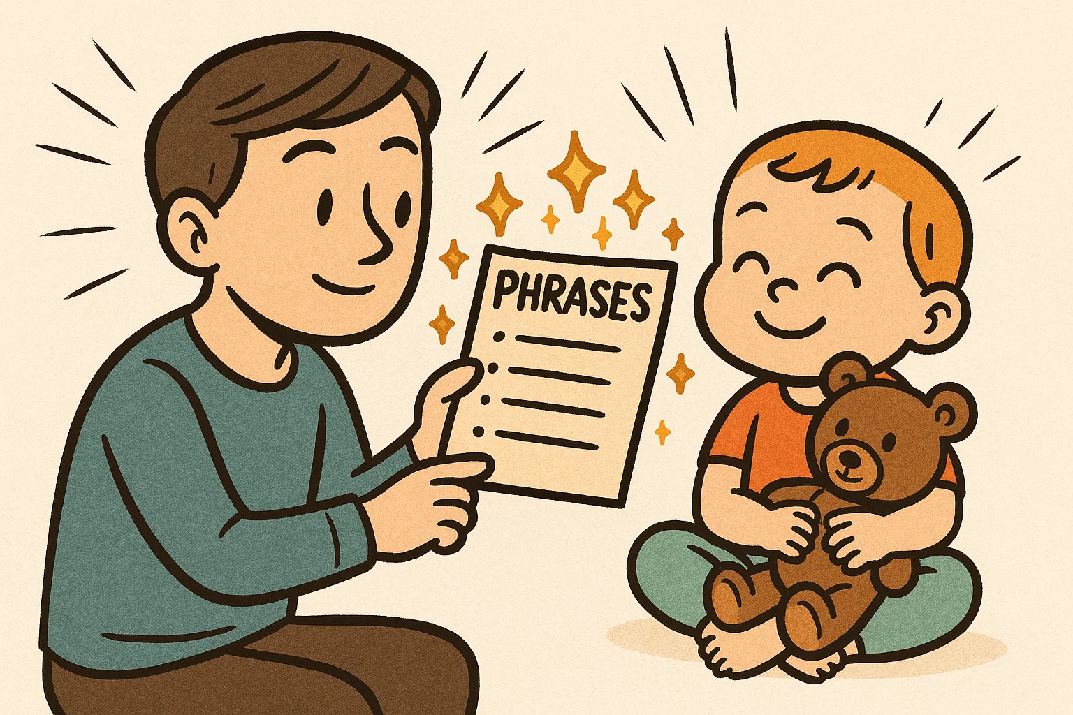 Parent using strategies and phrases to encourage toddler listening in cartoon style.

