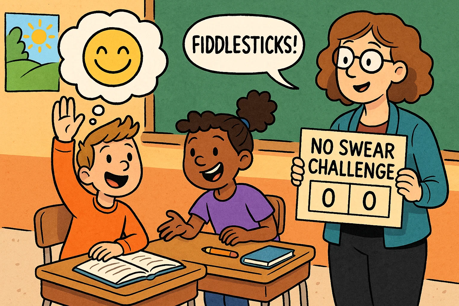 Cartoon students practicing strategies to stop swearing at school with kind words. Cartoon students practicing strategies to stop swearing at school with kind words.