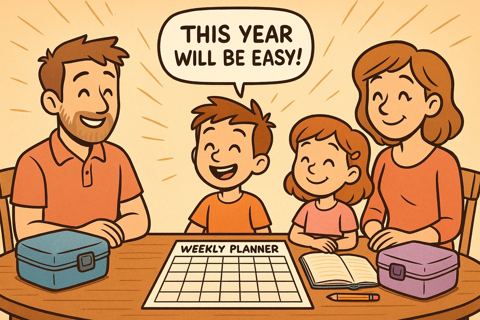 Family using weekly planner for stress free back to school transition.