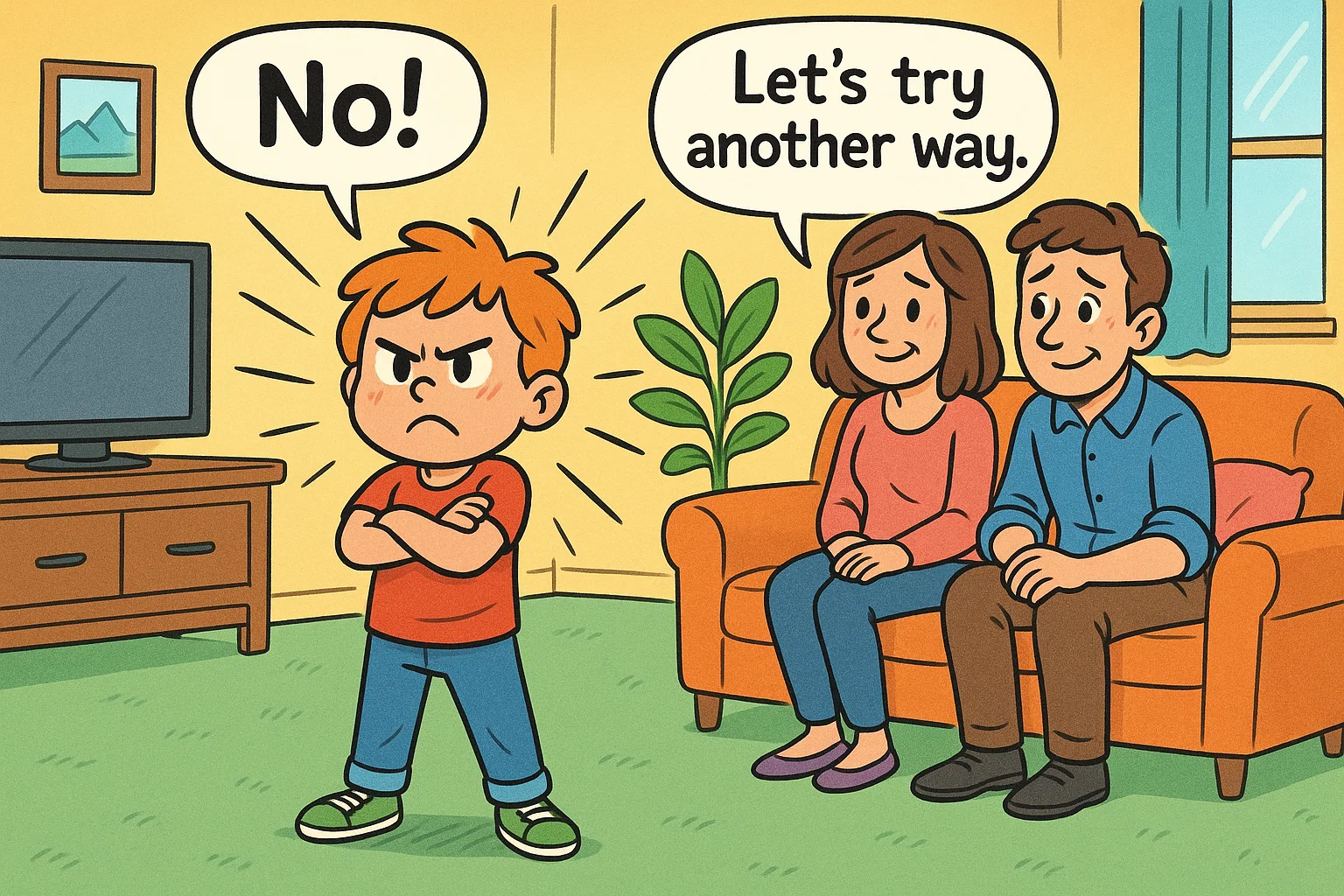 Cartoon strong willed child with crossed arms and parents applying calm parenting tips. Cartoon strong willed child with crossed arms and parents applying calm parenting tips.