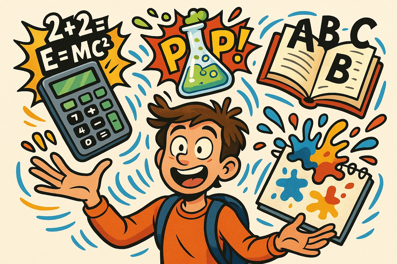 8th grade student with calculator, book, science beaker and art notebook.

