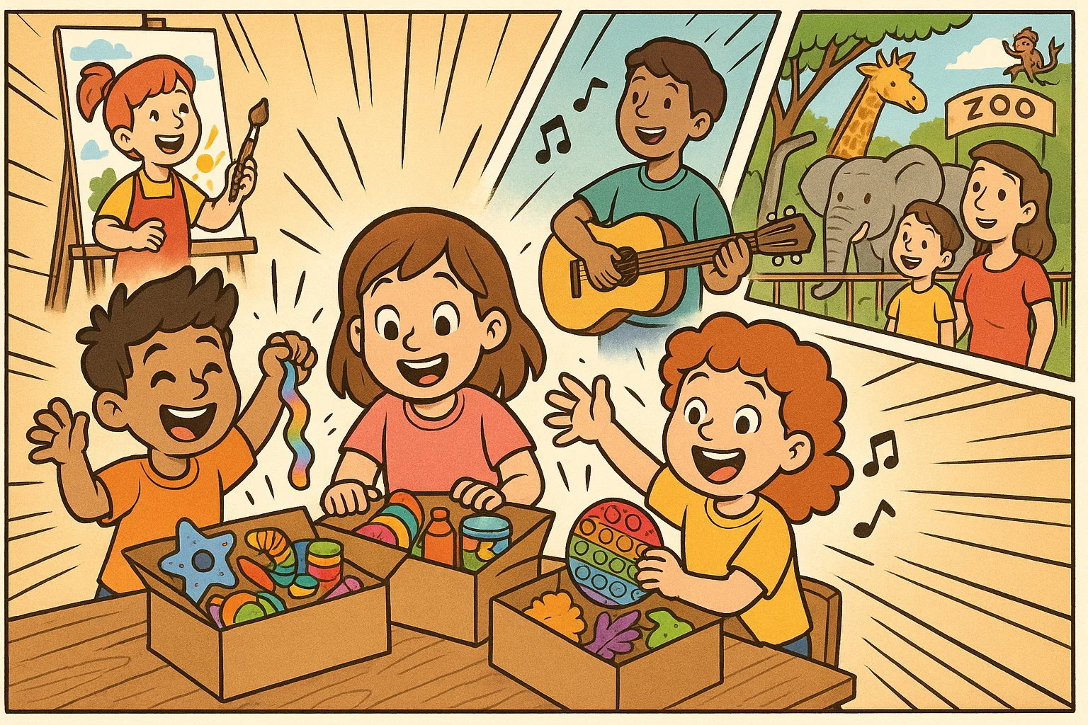 Kids opening subscription boxes and enjoying art, music, and zoo experiences.
