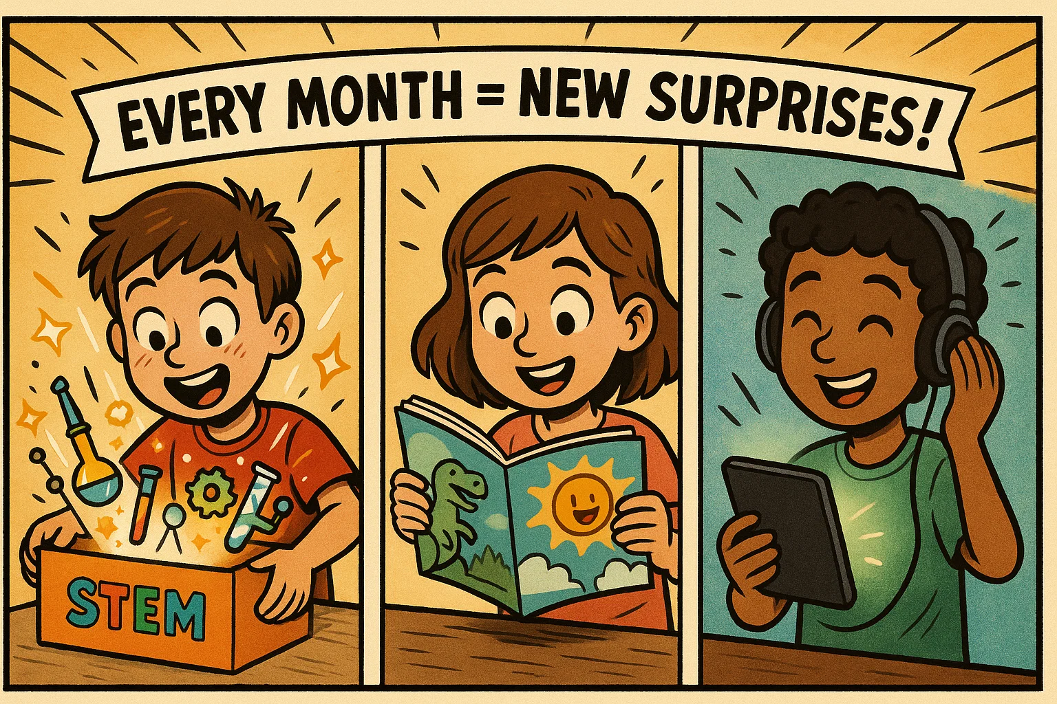 Kids with monthly subscription boxes, magazines and audio gifts.