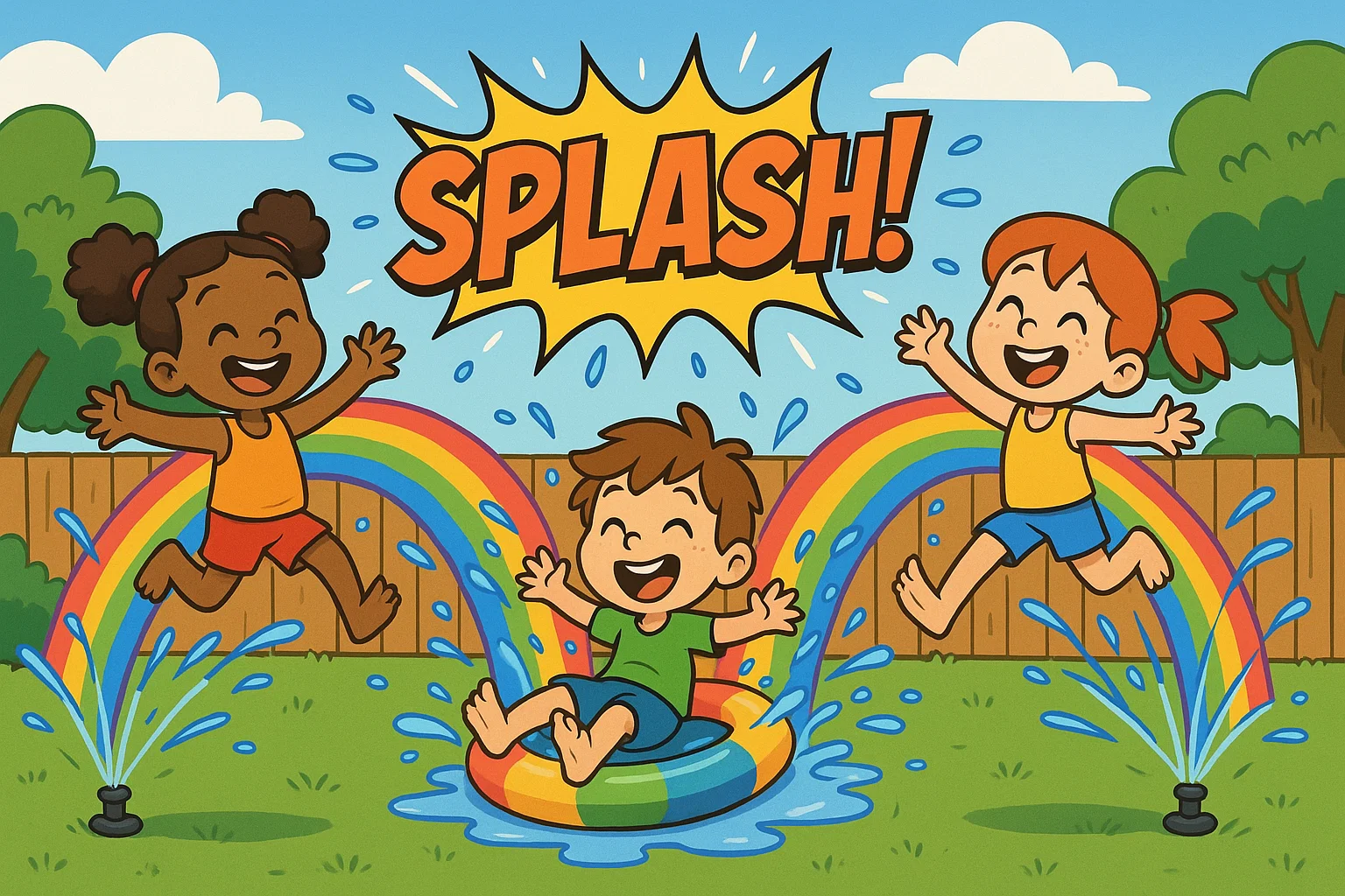 Kids having fun with sprinklers and slides at summer splash party.