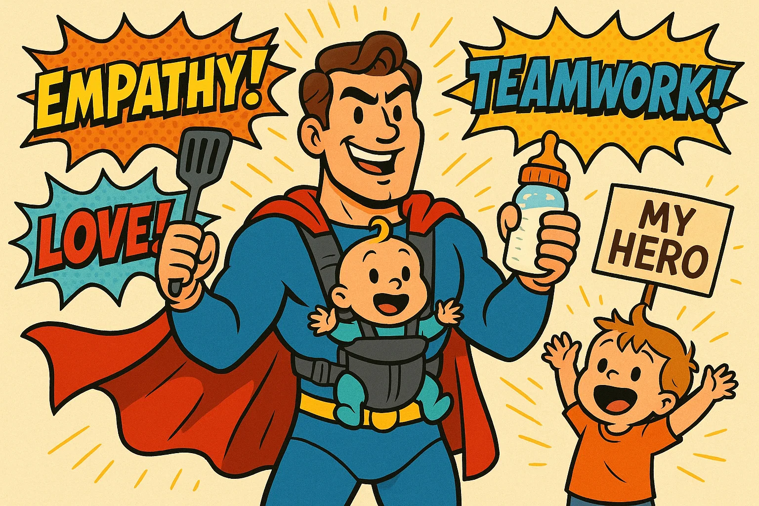 Superhero dad with baby and parenting tools, celebrated by child with teamwork, empathy, and love.