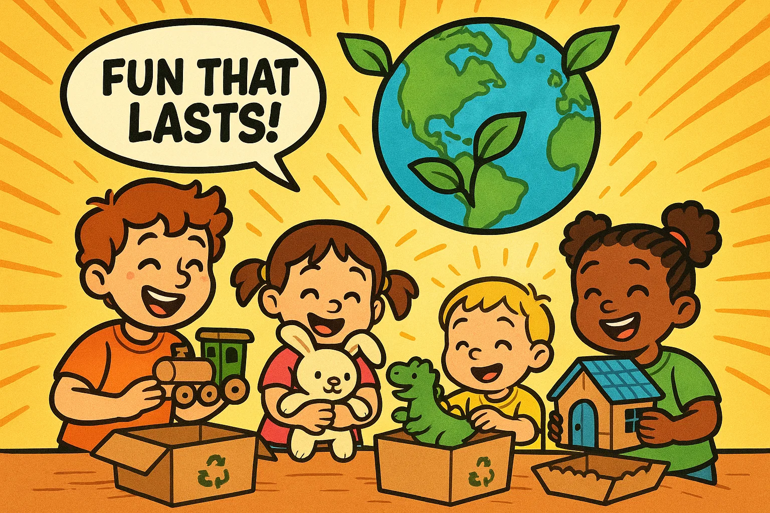 Kids opening sustainable gifts with wooden toys and eco presents. Kids opening sustainable gifts with wooden toys and eco presents.