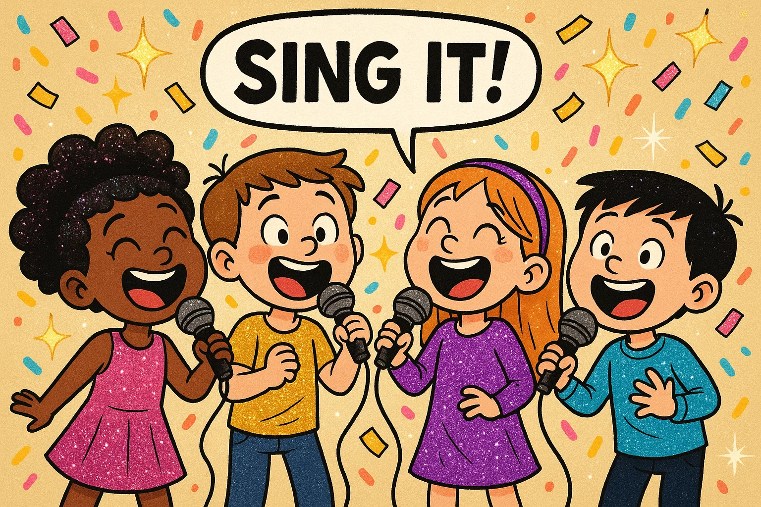 Children enjoying Swiftie birthday party singing with microphones.