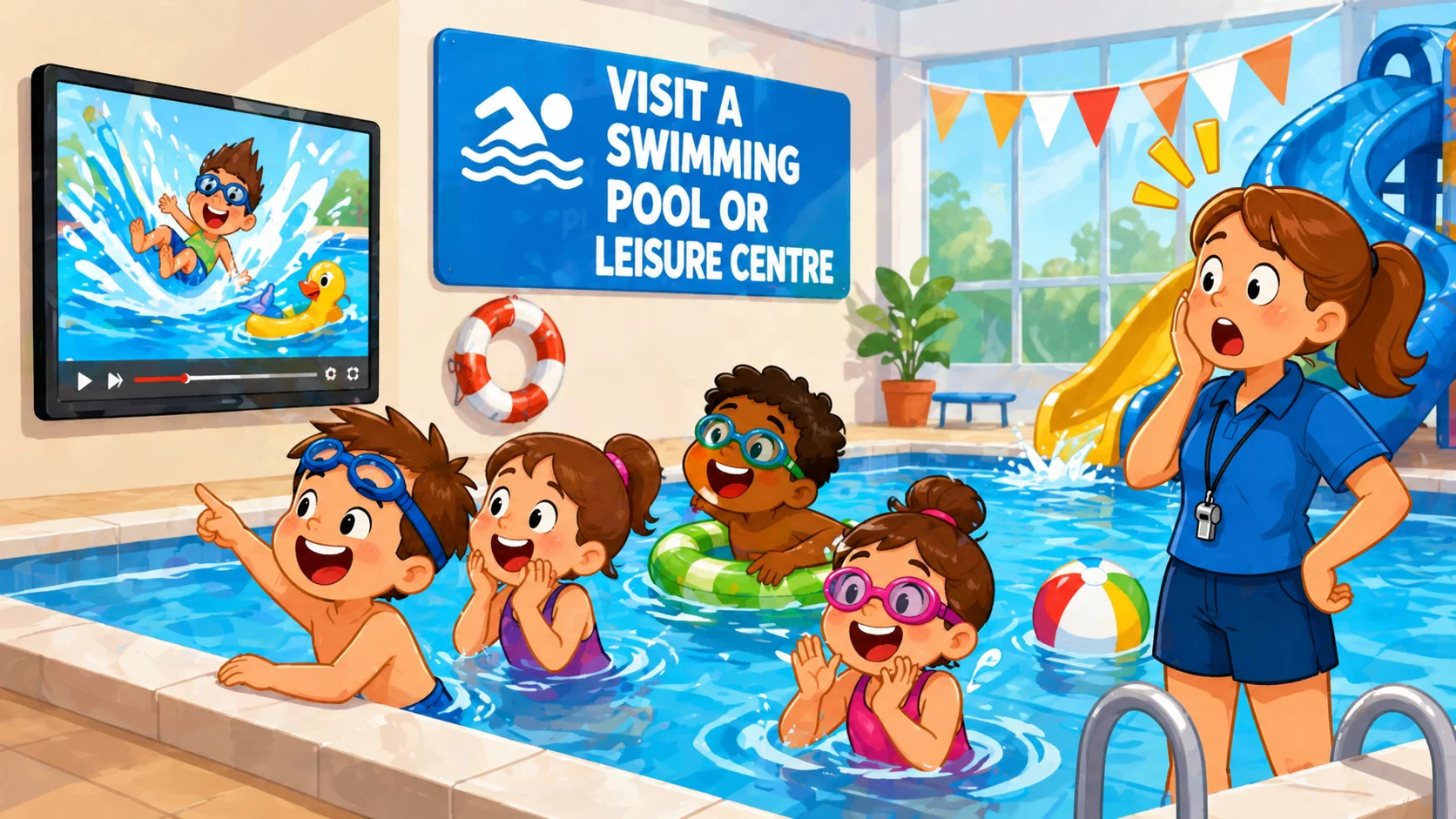 Kids having fun at a swimming pool leisure centre.