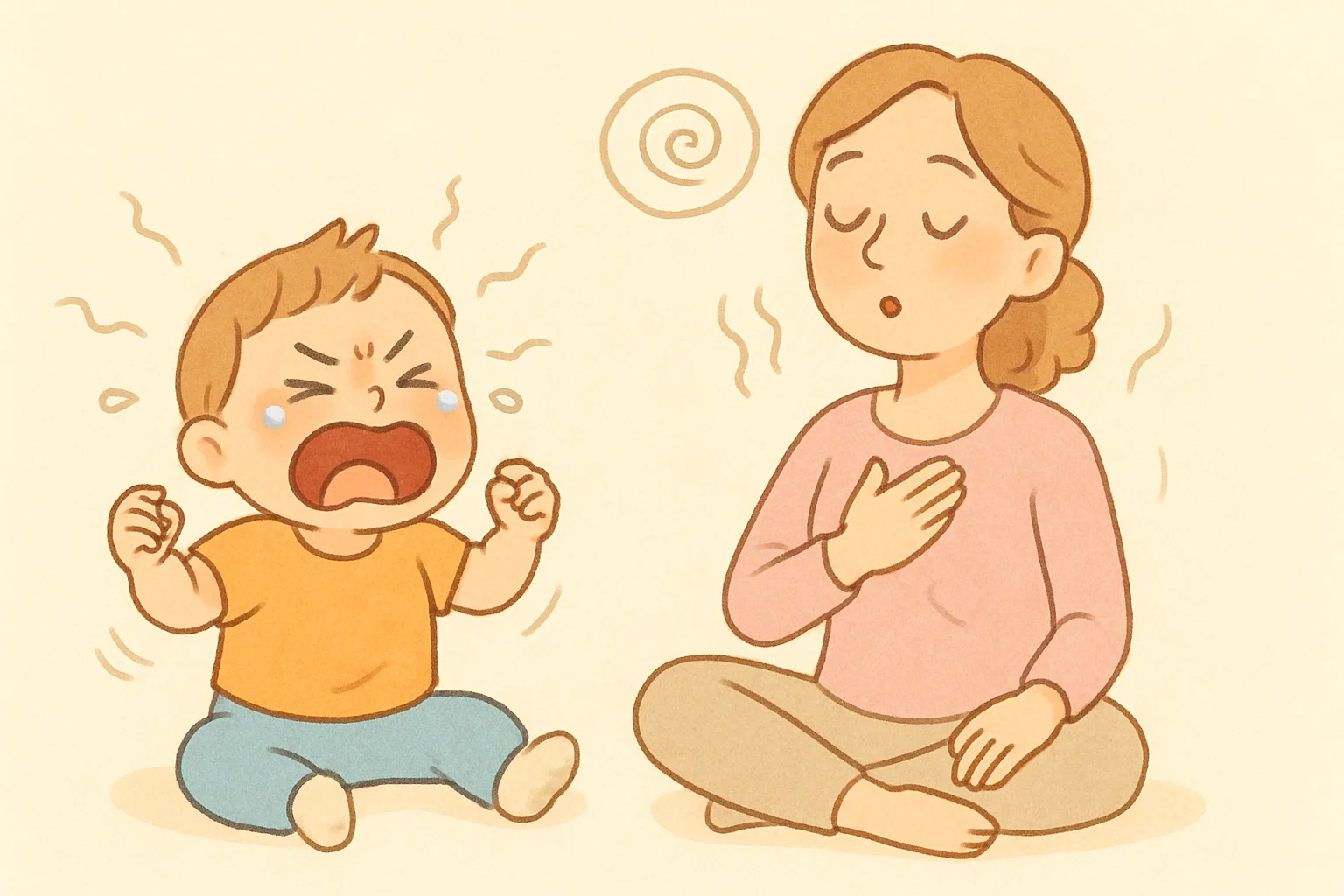Cartoon toddler tantrum with calm parenting response